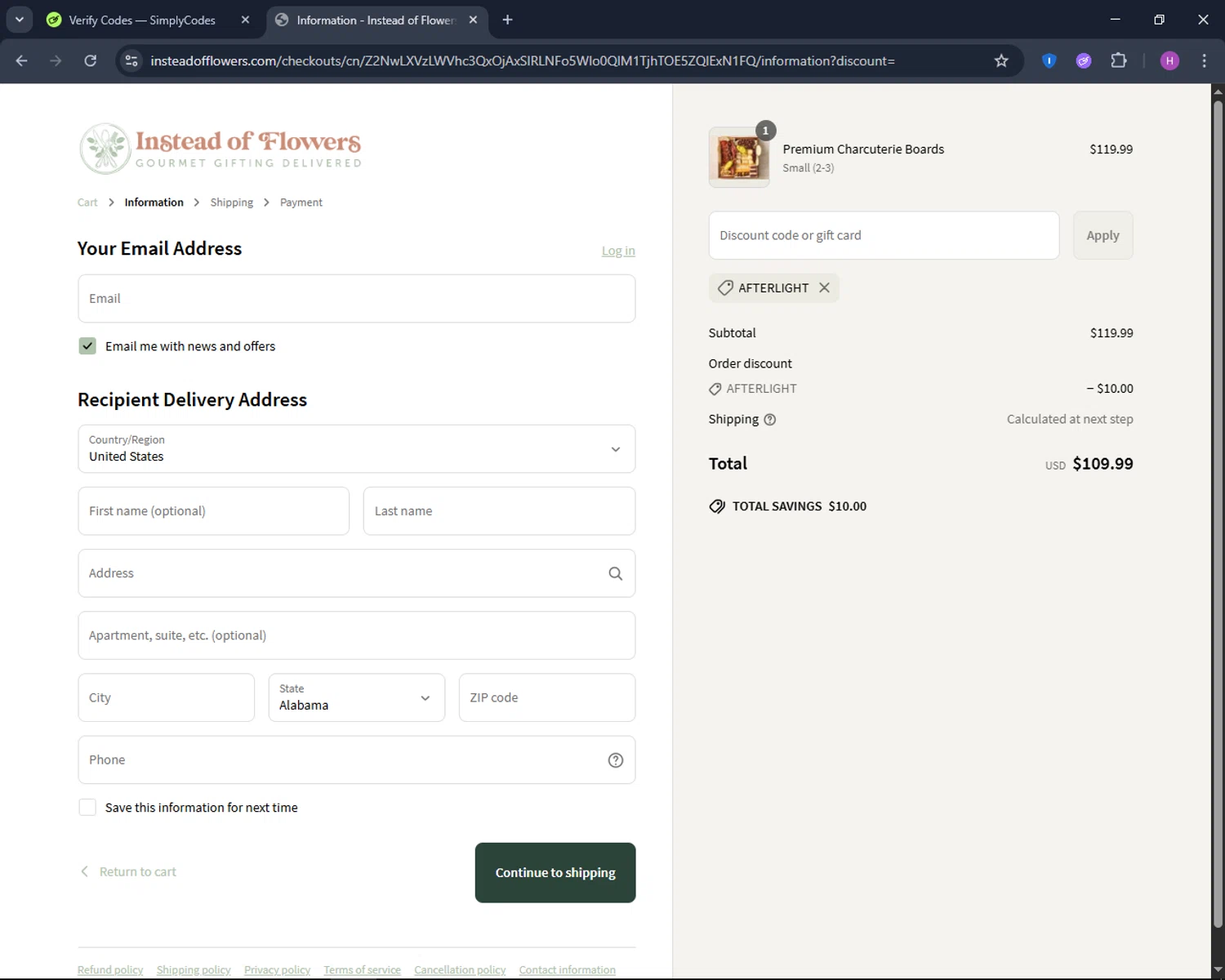 Instead of Flowers discount code screenshot showing code afterlight applied at Instead of Flowers checkout page. Uploaded by SimplyCodes community member TokenNavigator6891 on May 6, 2025