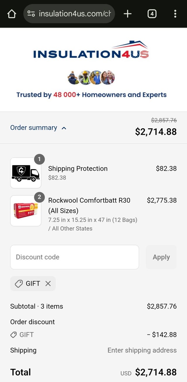 Insulation4US checkout page showing Insulation4US discount code box | Screenshot taken by SimplyCodes community member on Aug 17, 2025