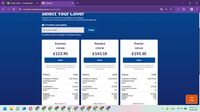 insurefor.com checkout page showing insurefor.com promo code box | Screenshot taken by SimplyCodes community member on Aug 10, 2025