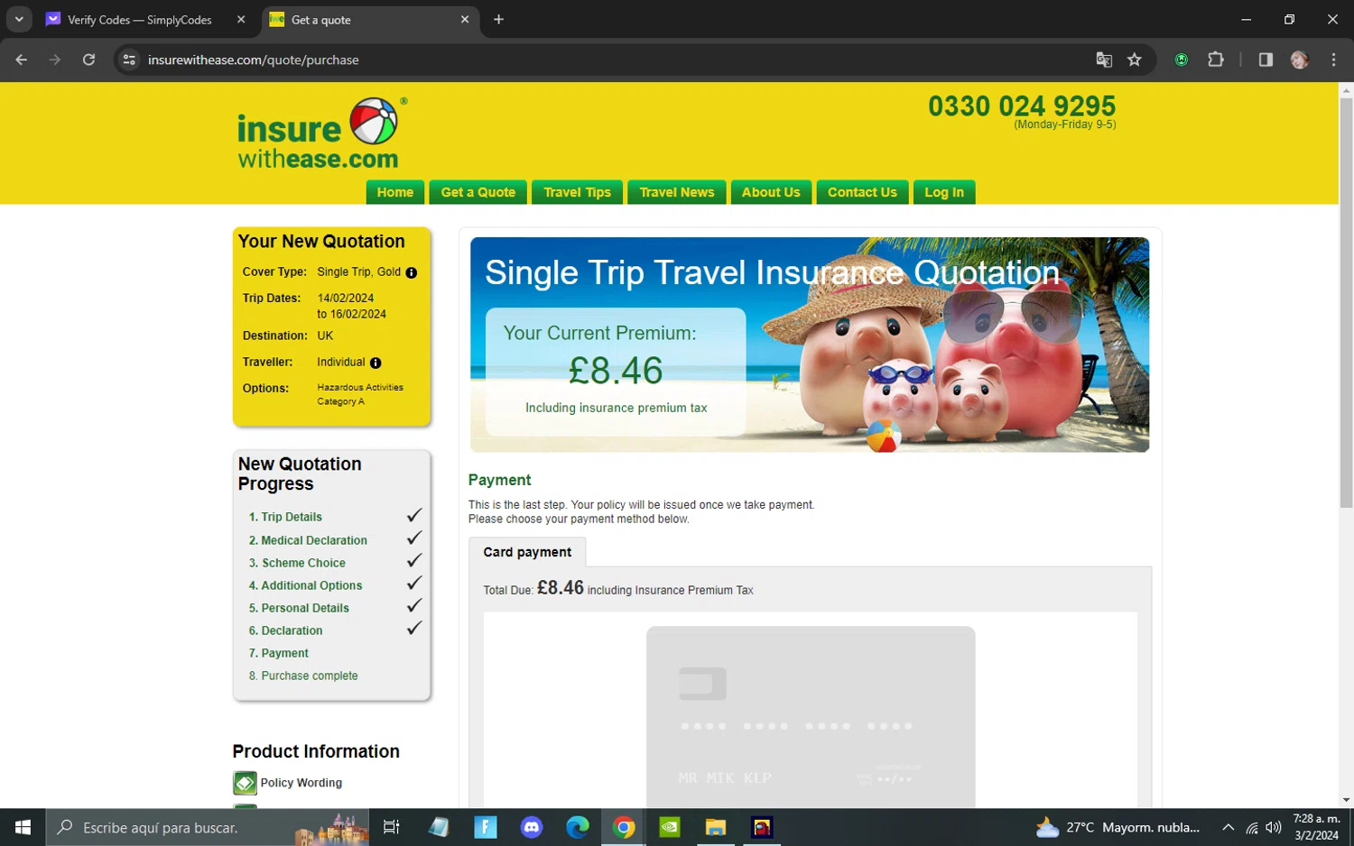 InsureWithEase.com checkout page showing InsureWithEase.com promo code box | Screenshot taken by SimplyCodes community member on Feb 3, 2024