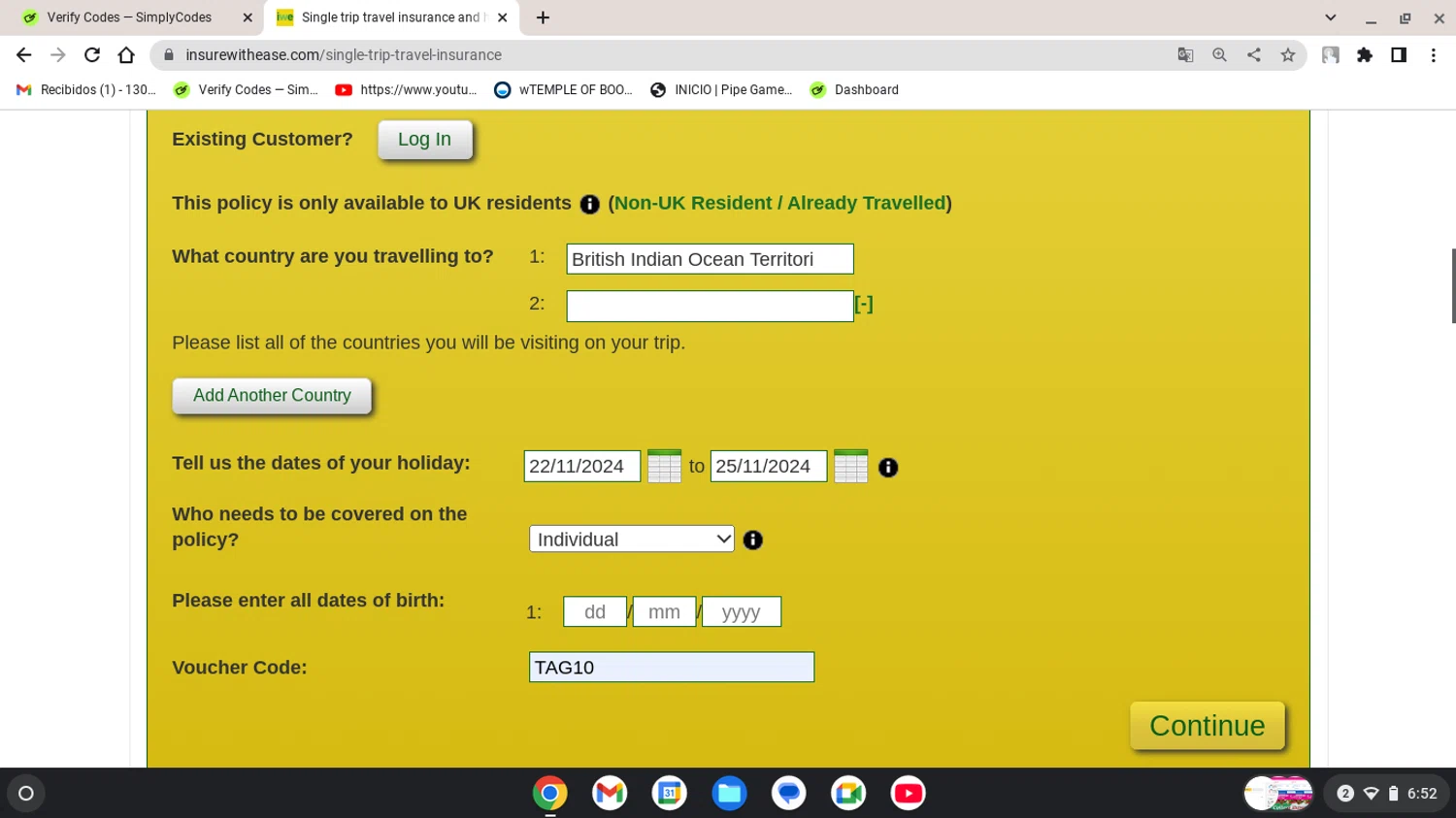InsureWithEase.com checkout page showing InsureWithEase.com promo code box | Screenshot taken by SimplyCodes community member on Nov 16, 2024