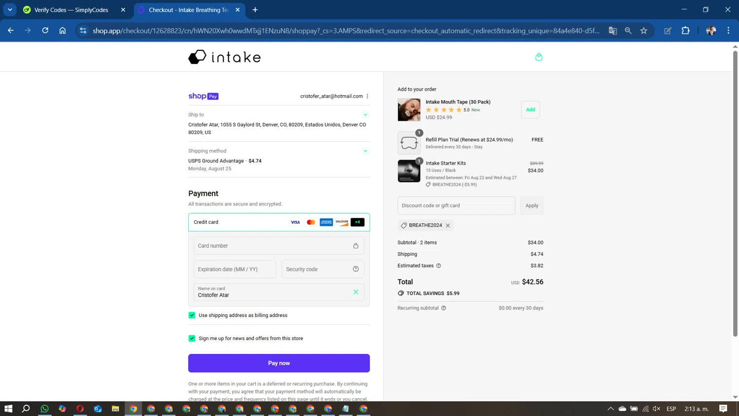 Intake Breathing discount code screenshot showing code BREATHE2024 applied at Intake Breathing checkout page. Uploaded by SimplyCodes community member DavidMGF on Aug 20, 2025
