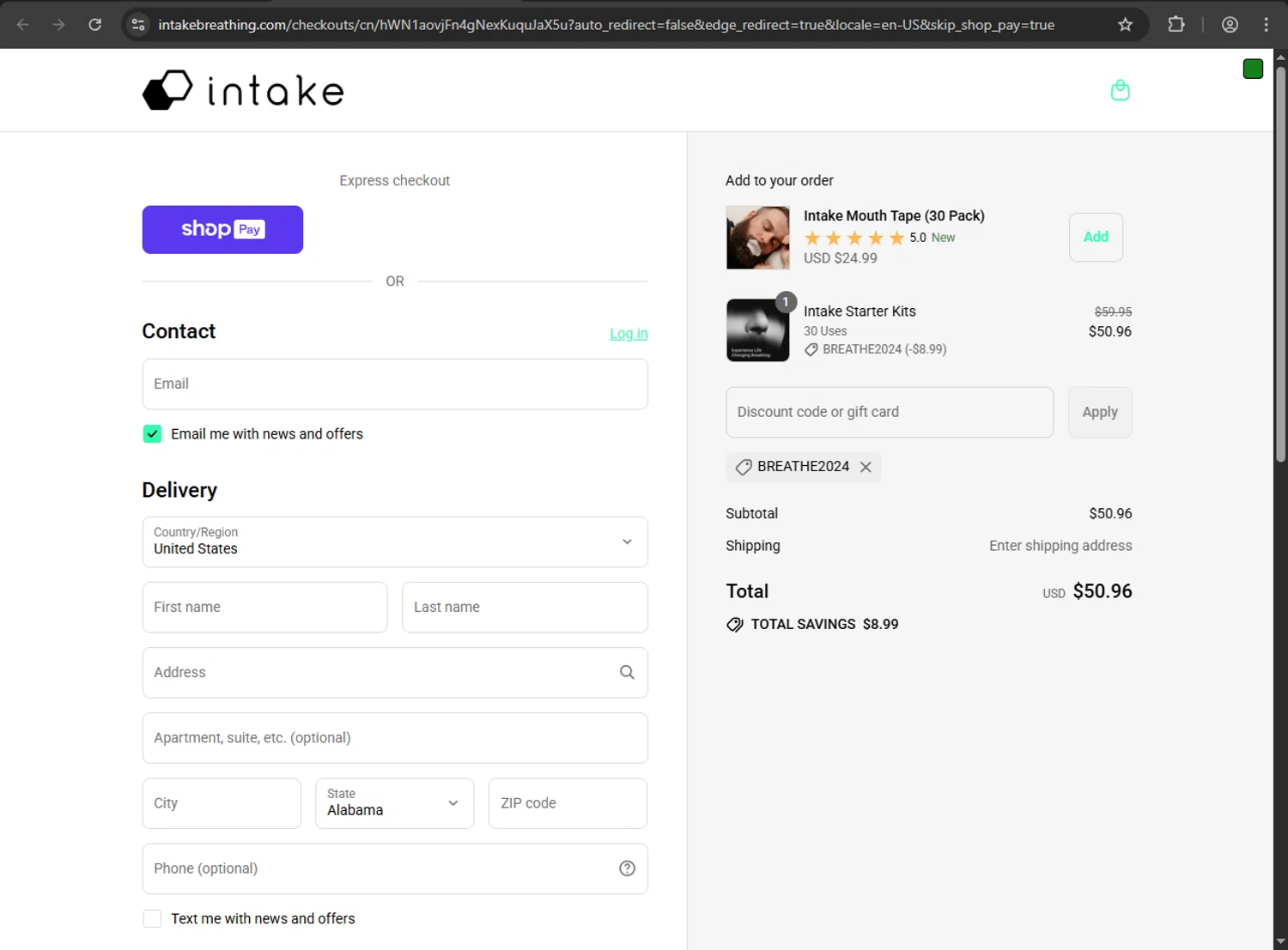 Intake Breathing discount code screenshot showing code BREATHE2024 applied at Intake Breathing checkout page. Uploaded by SimplyCodes community member megagei on Aug 9, 2025