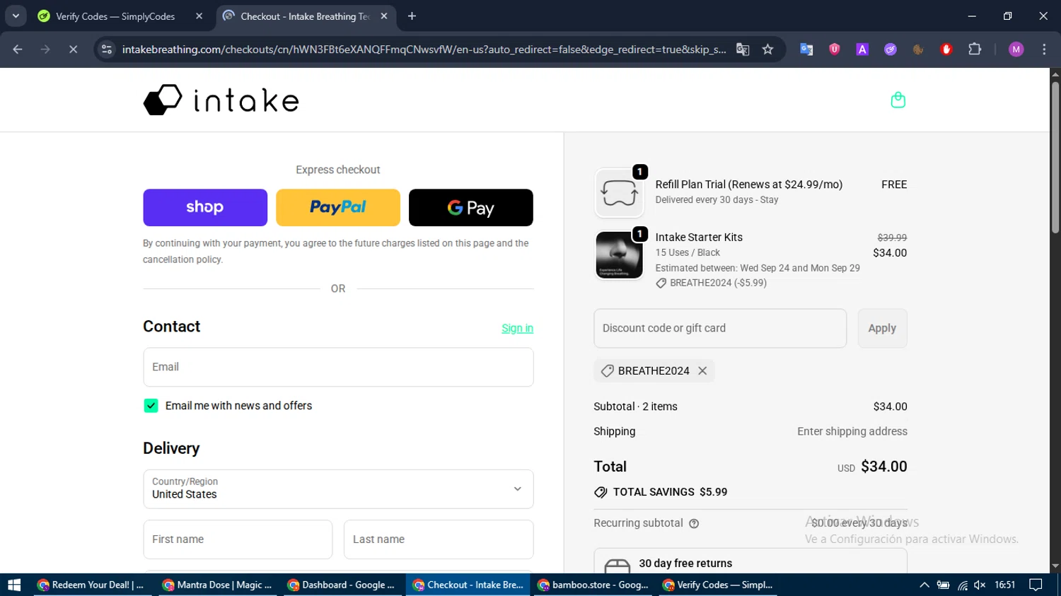 Intake Breathing discount code screenshot showing code BREATHE2024 applied at Intake Breathing checkout page. Uploaded by SimplyCodes community member MightyTracker1549 on Sep 21, 2025