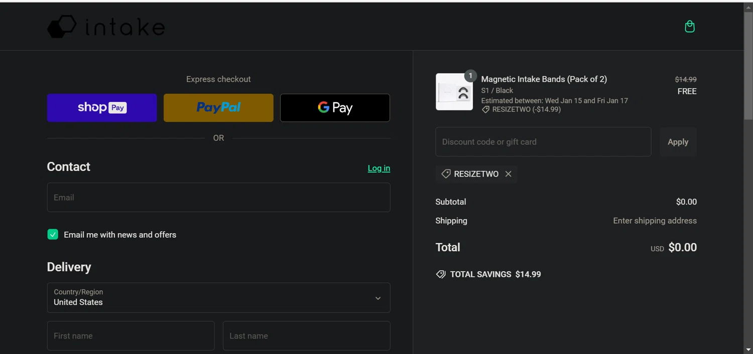 Intake Breathing discount code screenshot showing code RESIZETWO applied at Intake Breathing checkout page. Uploaded by SimplyCodes community member hola_bebe on Jan 8, 2025