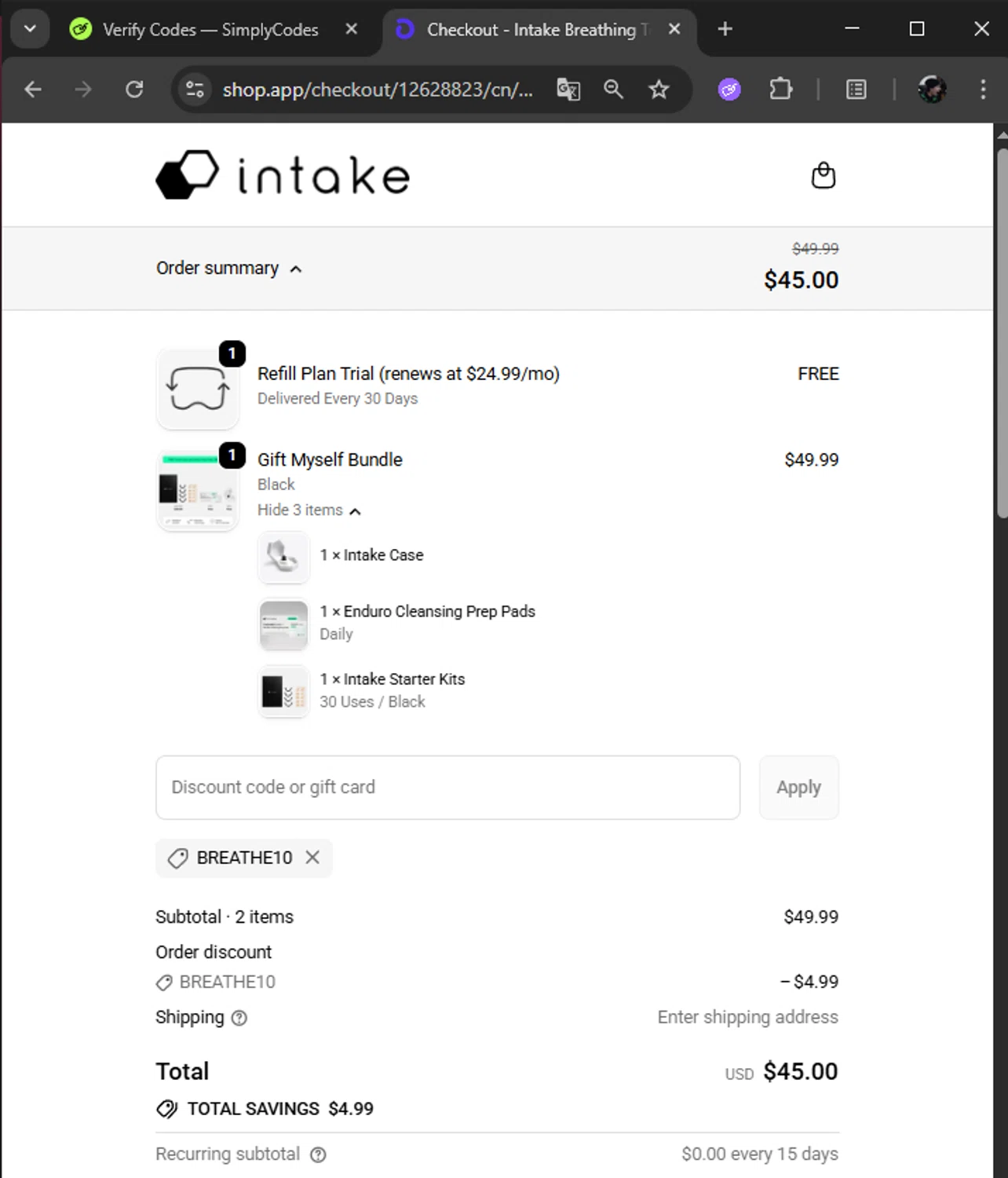 Intake Breathing checkout page showing Intake Breathing discount code box | Screenshot taken by SimplyCodes community member on Feb 8, 2026