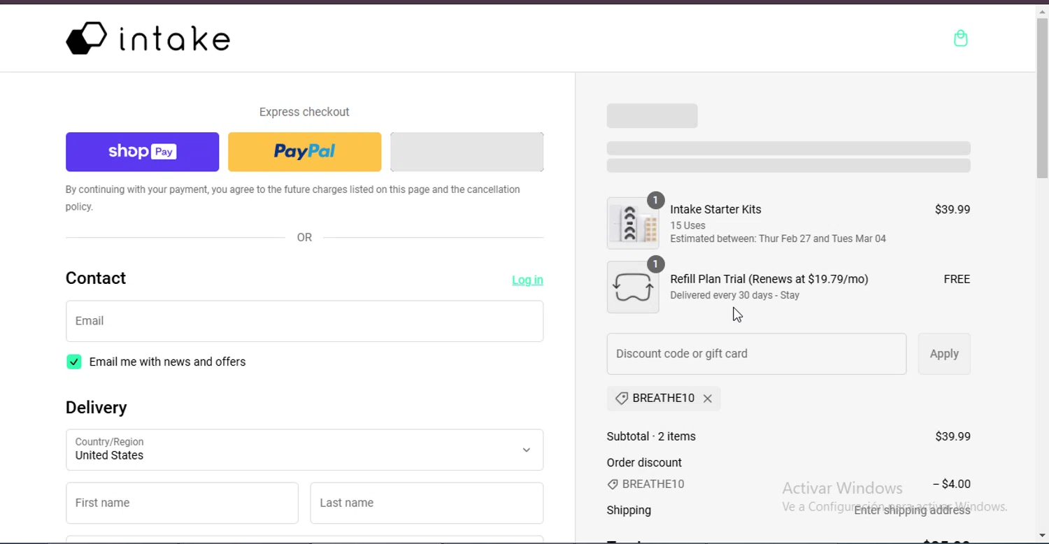 Intake Breathing discount code screenshot showing code BREATHE10 applied at Intake Breathing checkout page. Uploaded by SimplyCodes community member Rayyyyyy on Feb 25, 2025
