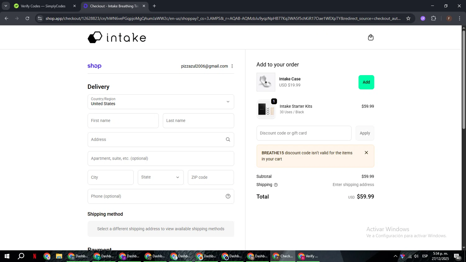 Intake Breathing discount code screenshot showing code breathe15 applied at Intake Breathing checkout page. Uploaded by SimplyCodes community member ExtraordinaryHunter3076 on Dec 27, 2025
