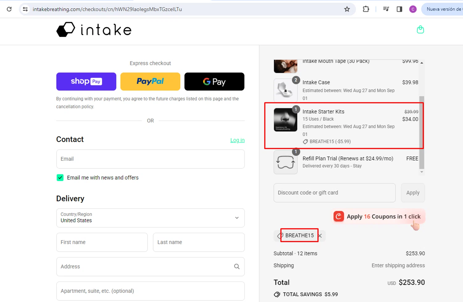 Intake Breathing discount code screenshot showing code breathe15 applied at Intake Breathing checkout page. Uploaded by SimplyCodes community member nileskamarcano on Aug 23, 2025