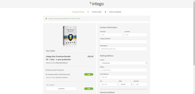 Intego checkout page showing Intego coupon code box | Screenshot taken by SimplyCodes community member on Jul 20, 2025