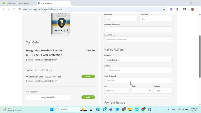 Intego checkout page showing Intego coupon code box | Screenshot taken by SimplyCodes community member on Jul 20, 2025