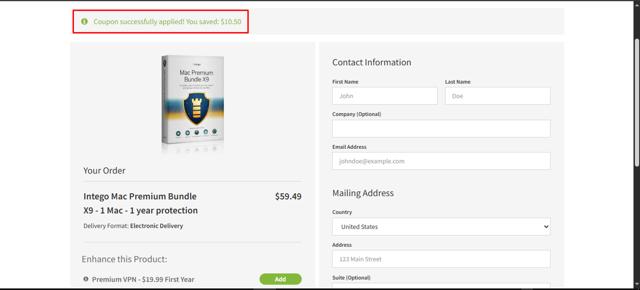 Intego checkout page showing Intego coupon code box | Screenshot taken by SimplyCodes community member on Jul 12, 2025