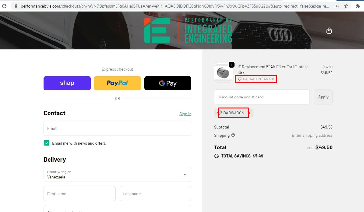Integrated Engineering promo code screenshot showing code DADWAGON applied at Integrated Engineering checkout page. Uploaded by SimplyCodes community member nileskamarcano on Jan 10, 2026