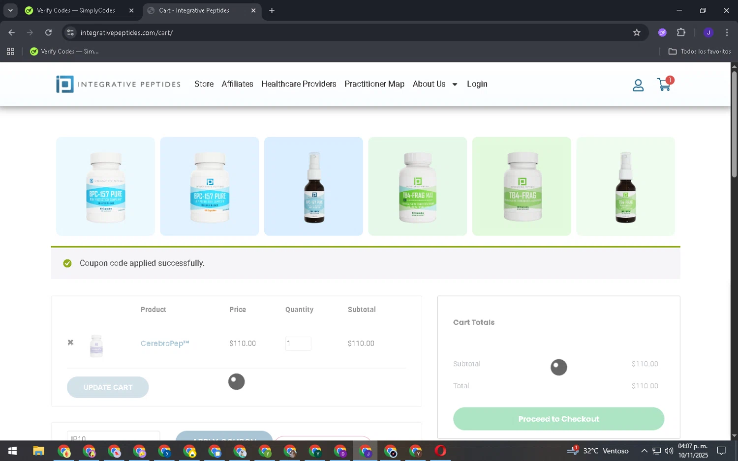 Integrative Peptides coupon code screenshot showing code IP10 applied at Integrative Peptides checkout page. Uploaded by SimplyCodes community member GloriousPhoenix1476 on Nov 10, 2025