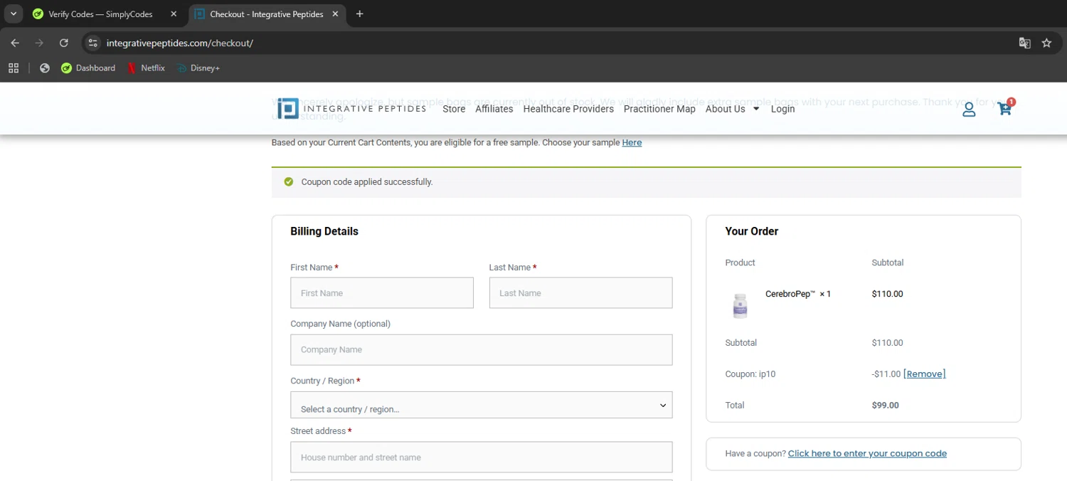 Integrative Peptides checkout page showing Integrative Peptides coupon code box | Screenshot taken by SimplyCodes community member on Jan 10, 2026