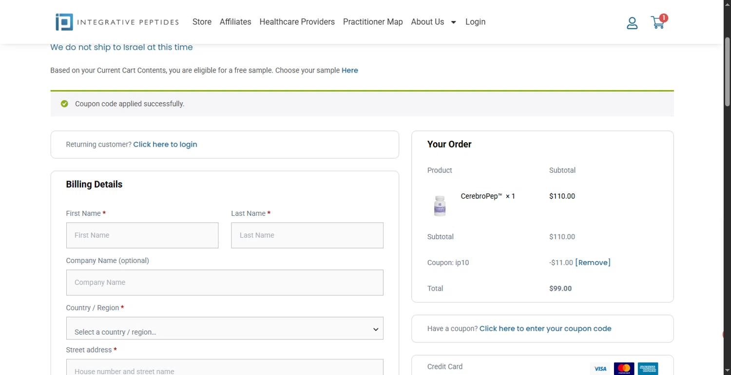 Integrative Peptides coupon code screenshot showing code IP10 applied at Integrative Peptides checkout page. Uploaded by SimplyCodes community member PennyOwl696 on Aug 28, 2025