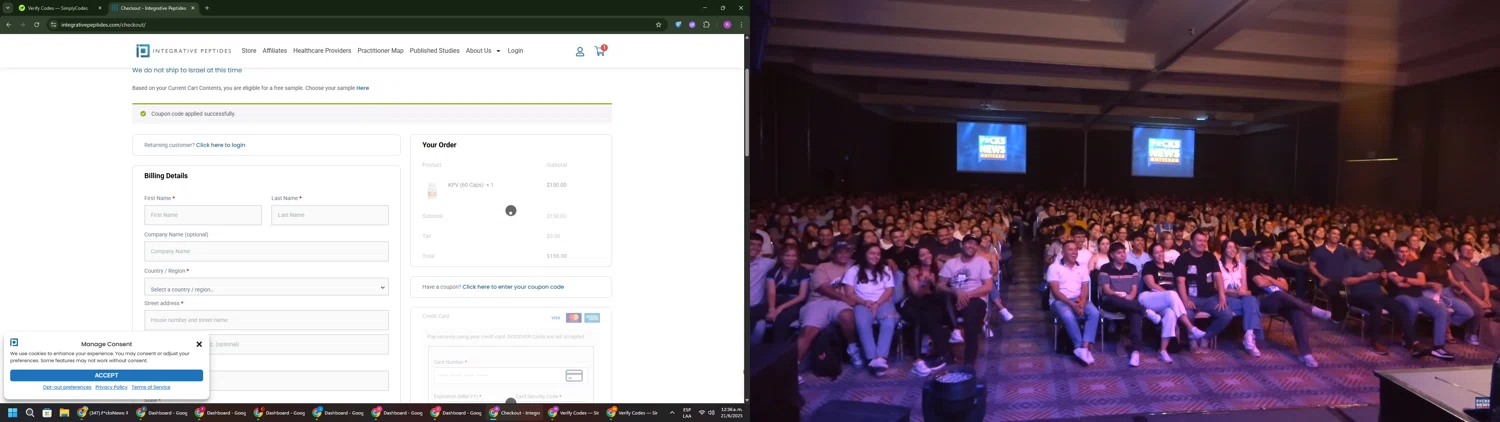 Integrative Peptides coupon code screenshot showing code PANACEA applied at Integrative Peptides checkout page. Uploaded by SimplyCodes community member RoyalSentinel4577 on Jun 21, 2025