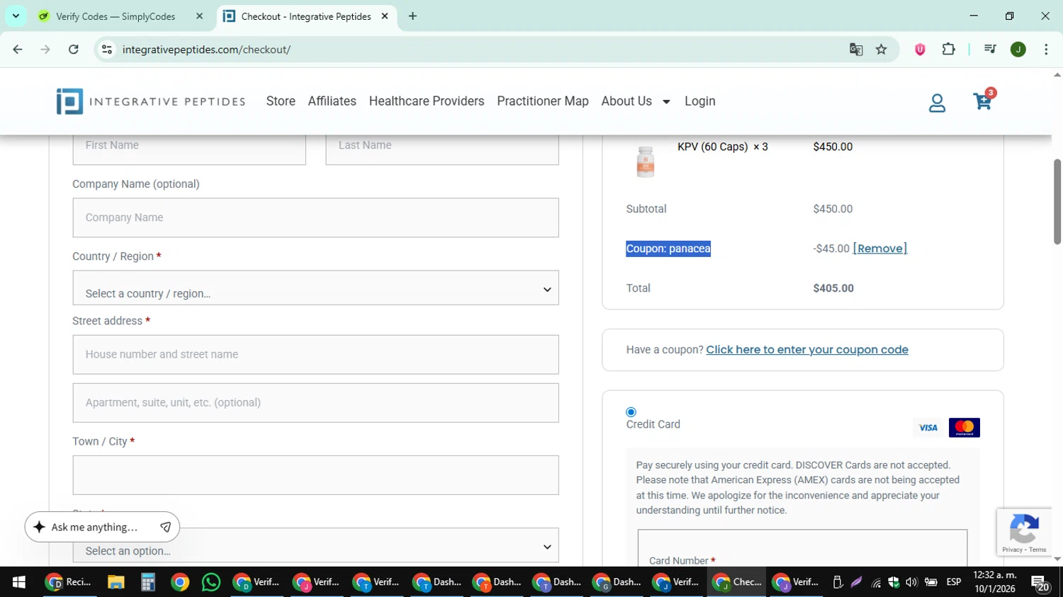 Integrative Peptides coupon code screenshot showing code PANACEA applied at Integrative Peptides checkout page. Uploaded by SimplyCodes community member ShieldFinder369 on Jan 10, 2026