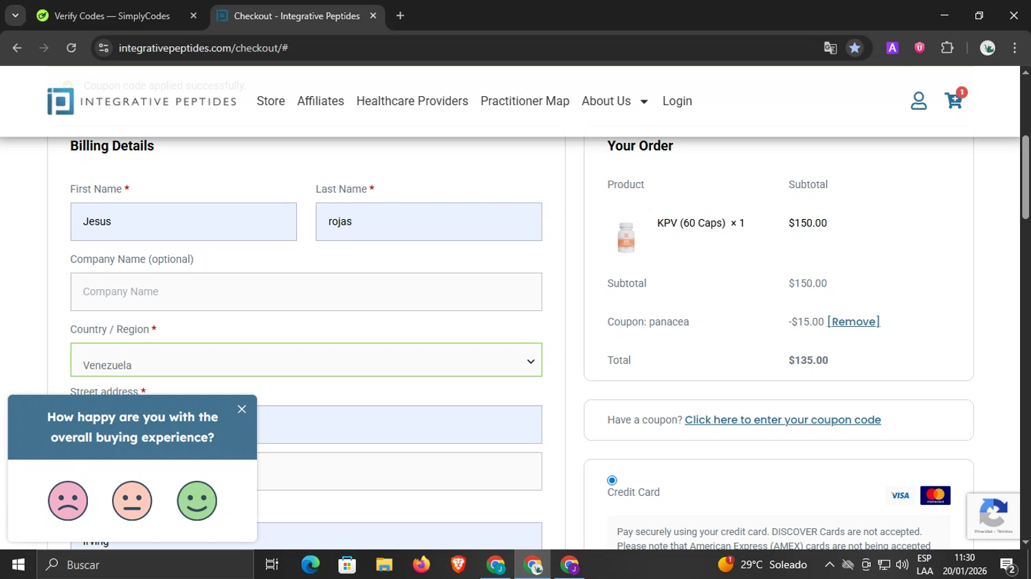 Integrative Peptides coupon code screenshot showing code PANACEA applied at Integrative Peptides checkout page. Uploaded by SimplyCodes community member underwater on Jan 20, 2026