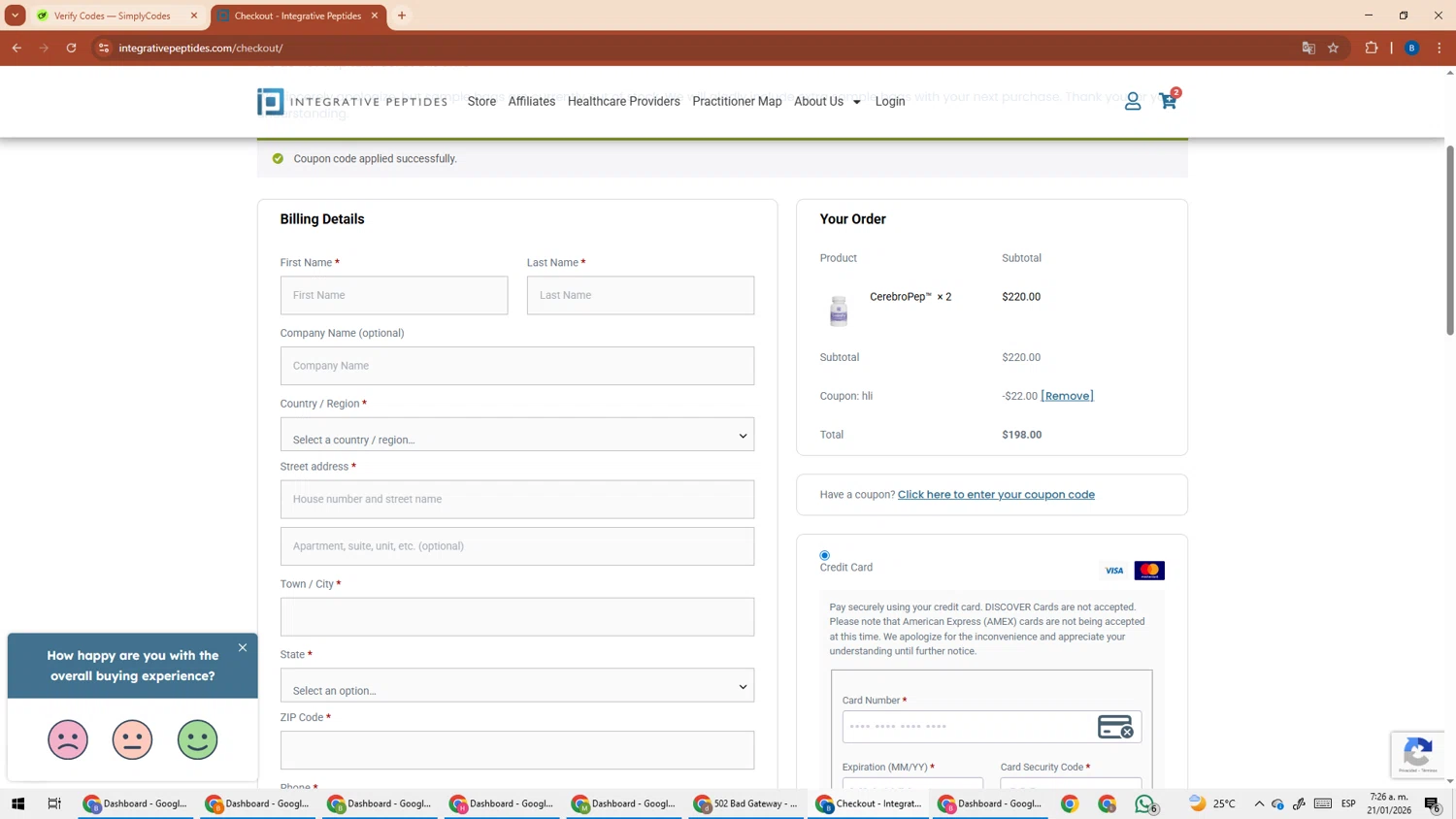 Integrative Peptides checkout page showing Integrative Peptides coupon code box | Screenshot taken by SimplyCodes community member on Jan 21, 2026