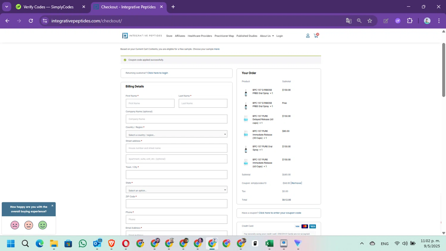 Integrative Peptides coupon code screenshot showing code SIMPLYCODES10 applied at Integrative Peptides checkout page. Uploaded by SimplyCodes community member Marielis on May 10, 2025