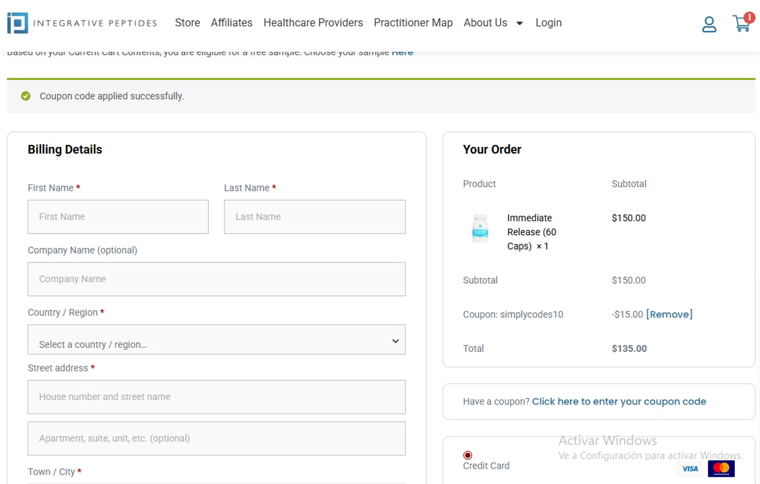 Integrative Peptides coupon code screenshot showing code SIMPLYCODES10 applied at Integrative Peptides checkout page. Uploaded by SimplyCodes community member Gary_23 on Sep 16, 2025