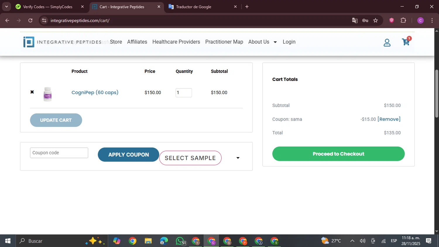 Integrative Peptides coupon code screenshot showing code sama applied at Integrative Peptides checkout page. Uploaded by SimplyCodes community member FrugalPro5078 on Nov 28, 2025
