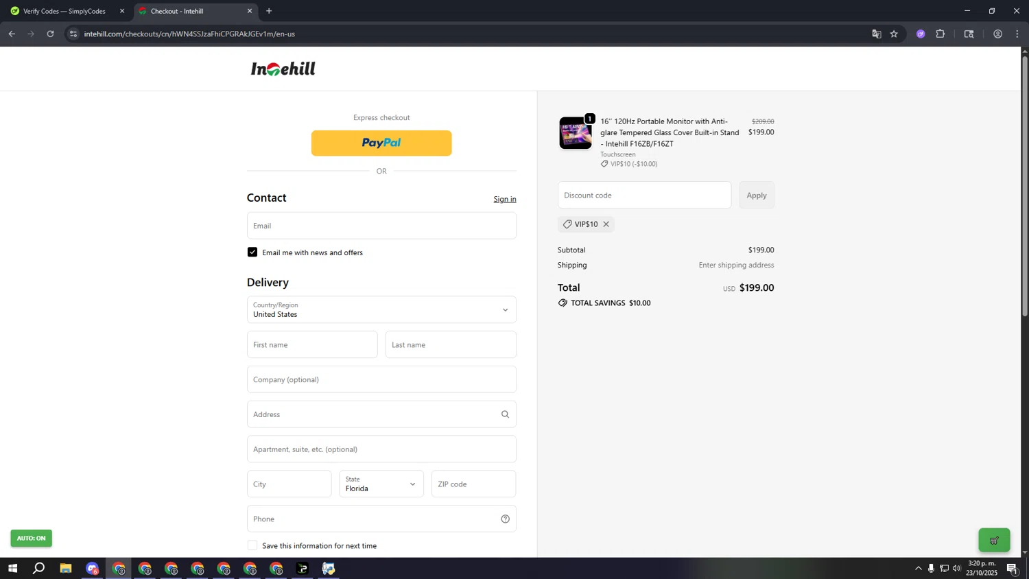 Intehill promo code screenshot showing code VIP$10 applied at Intehill checkout page. Uploaded by SimplyCodes community member aaaaaaaaaaaaaaaaaaaaa on Oct 23, 2025
