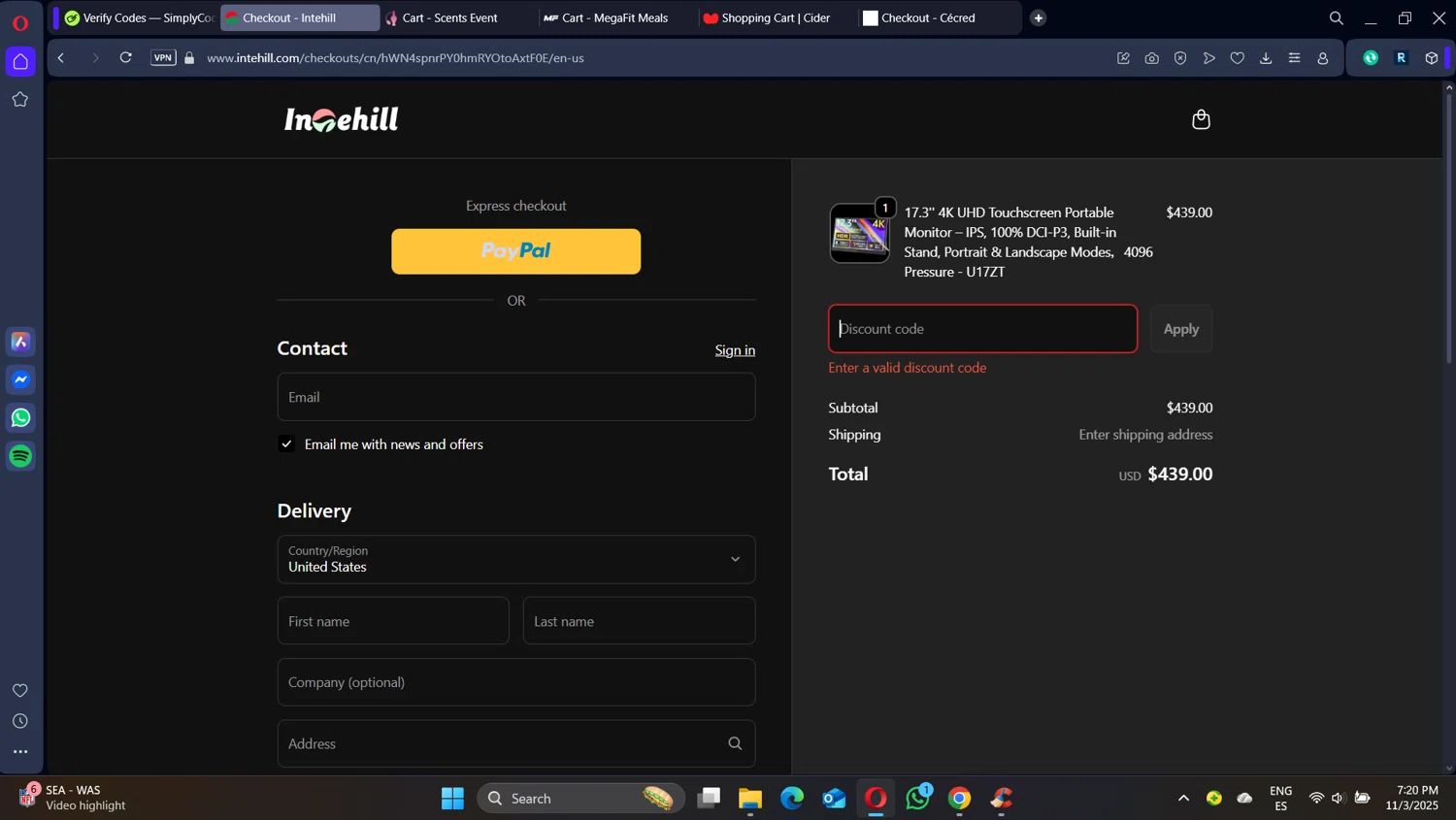 Intehill promo code screenshot showing code 2025PD applied at Intehill checkout page. Uploaded by SimplyCodes community member DiscountSleuth2229 on Nov 4, 2025