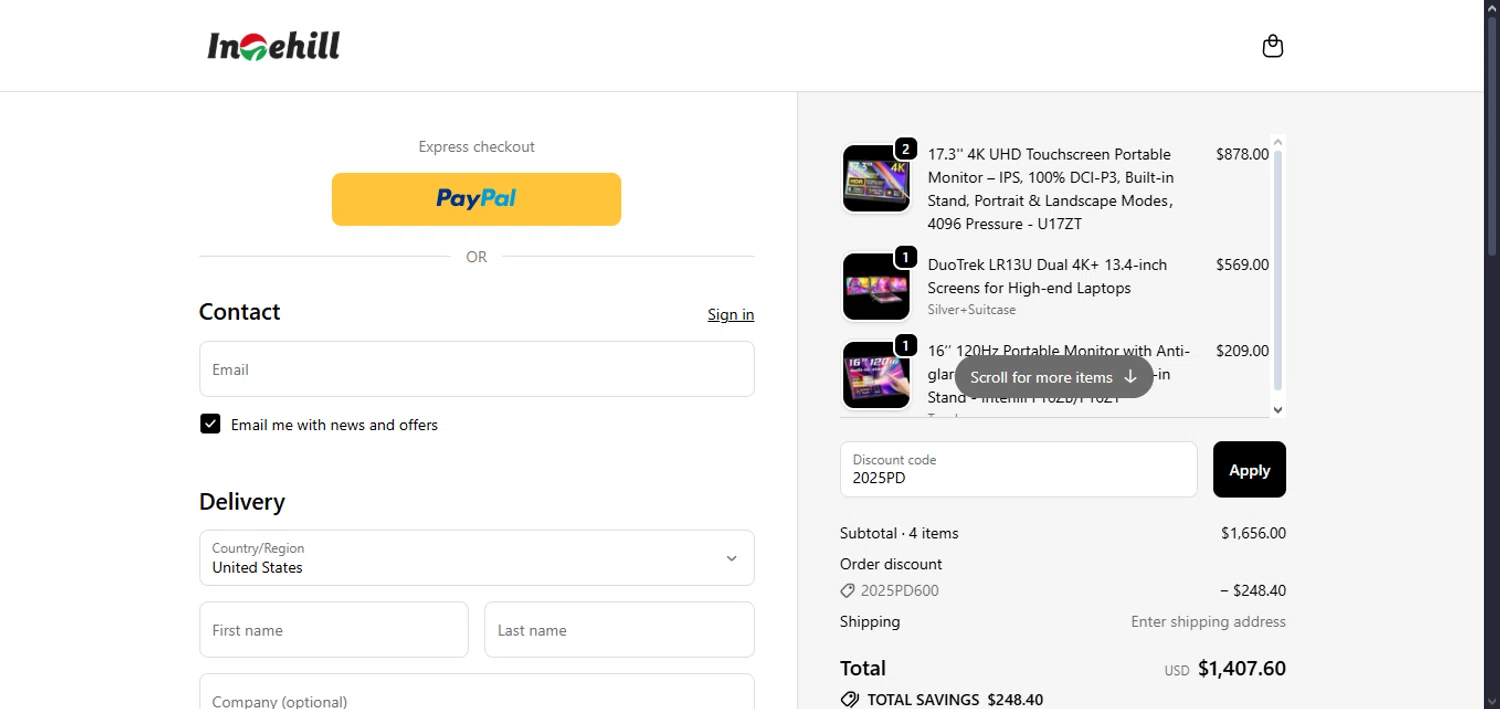 Intehill promo code screenshot showing code 2025PD applied at Intehill checkout page. Uploaded by SimplyCodes community member petervarela on Nov 3, 2025