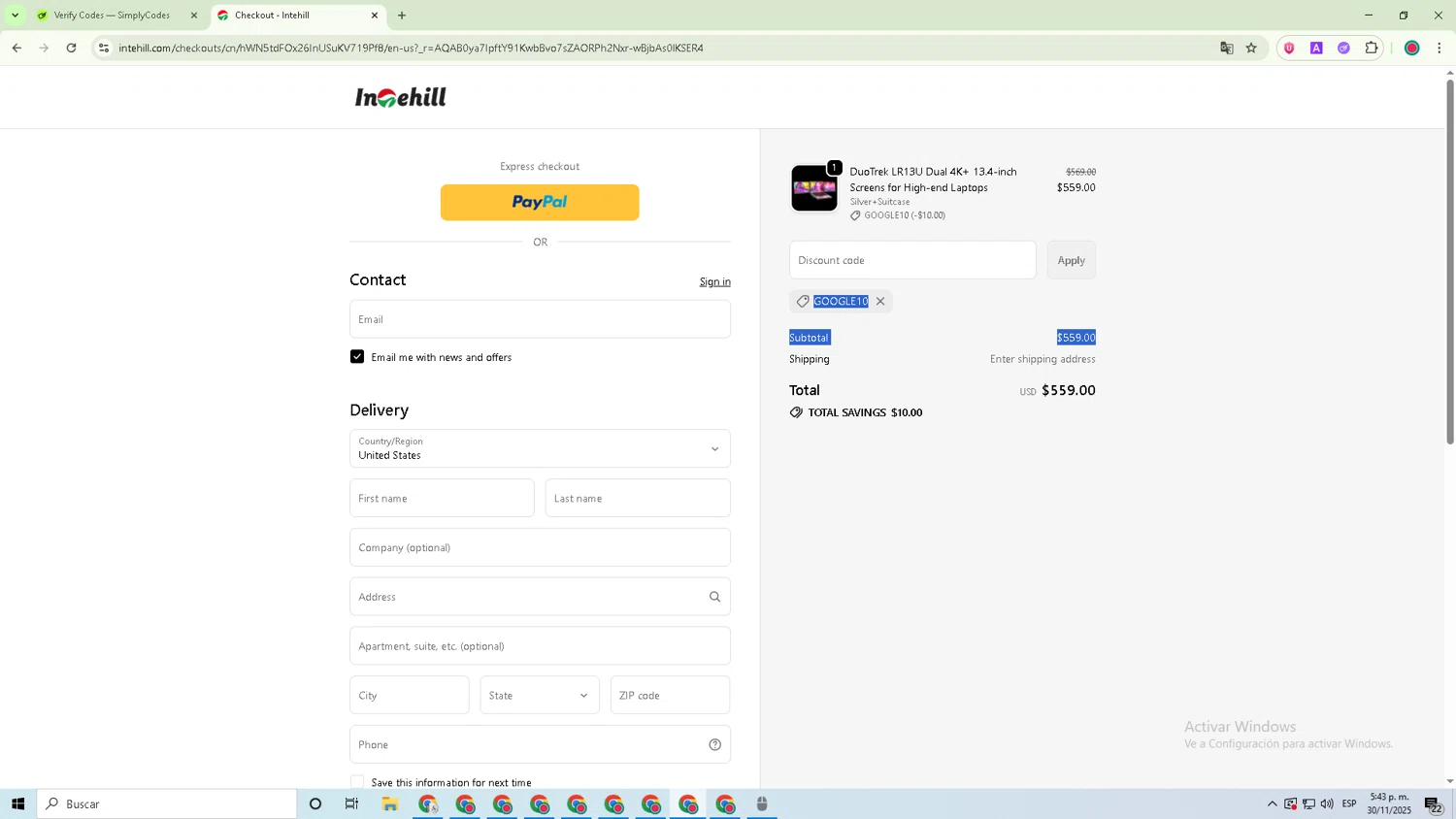 Intehill promo code screenshot showing code GOOGLE10 applied at Intehill checkout page. Uploaded by SimplyCodes community member David_Garcia on Nov 30, 2025