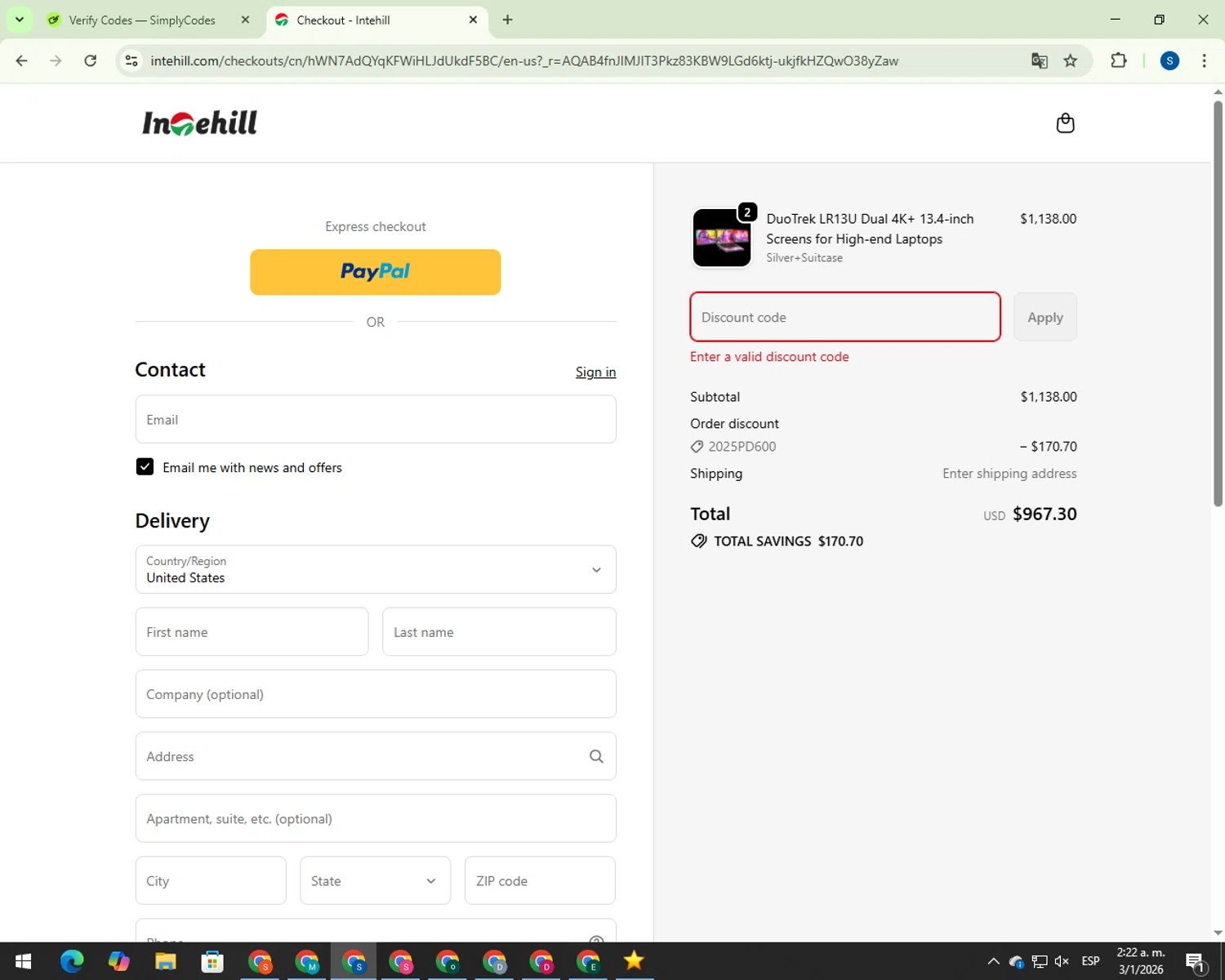 Intehill promo code screenshot showing code 2025Q4 applied at Intehill checkout page. Uploaded by SimplyCodes community member 00000007 on Jan 3, 2026