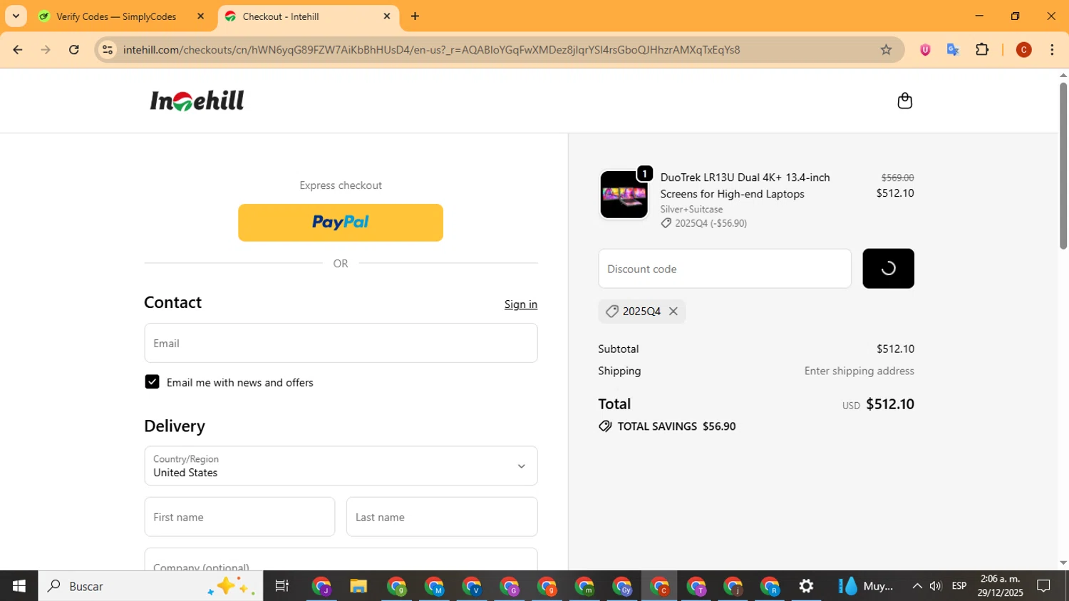 Intehill promo code screenshot showing code 2025Q4 applied at Intehill checkout page. Uploaded by SimplyCodes community member Playstatiton2 on Dec 29, 2025