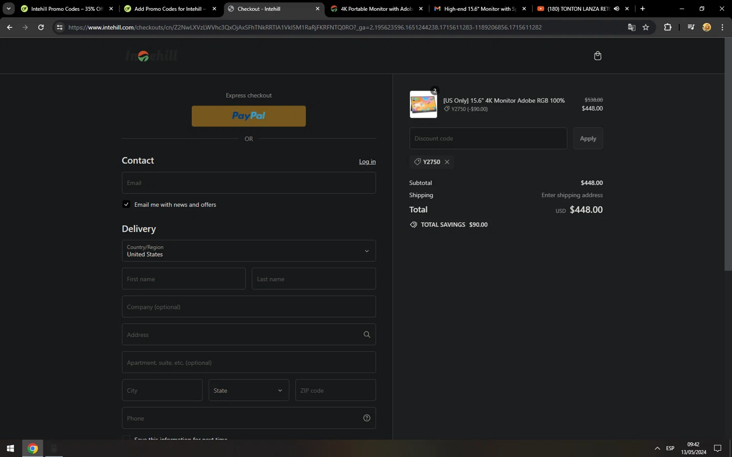 Intehill promo code screenshot showing code Y2750 applied at Intehill checkout page. Uploaded by SimplyCodes community member MarcosAranguren on May 13, 2024