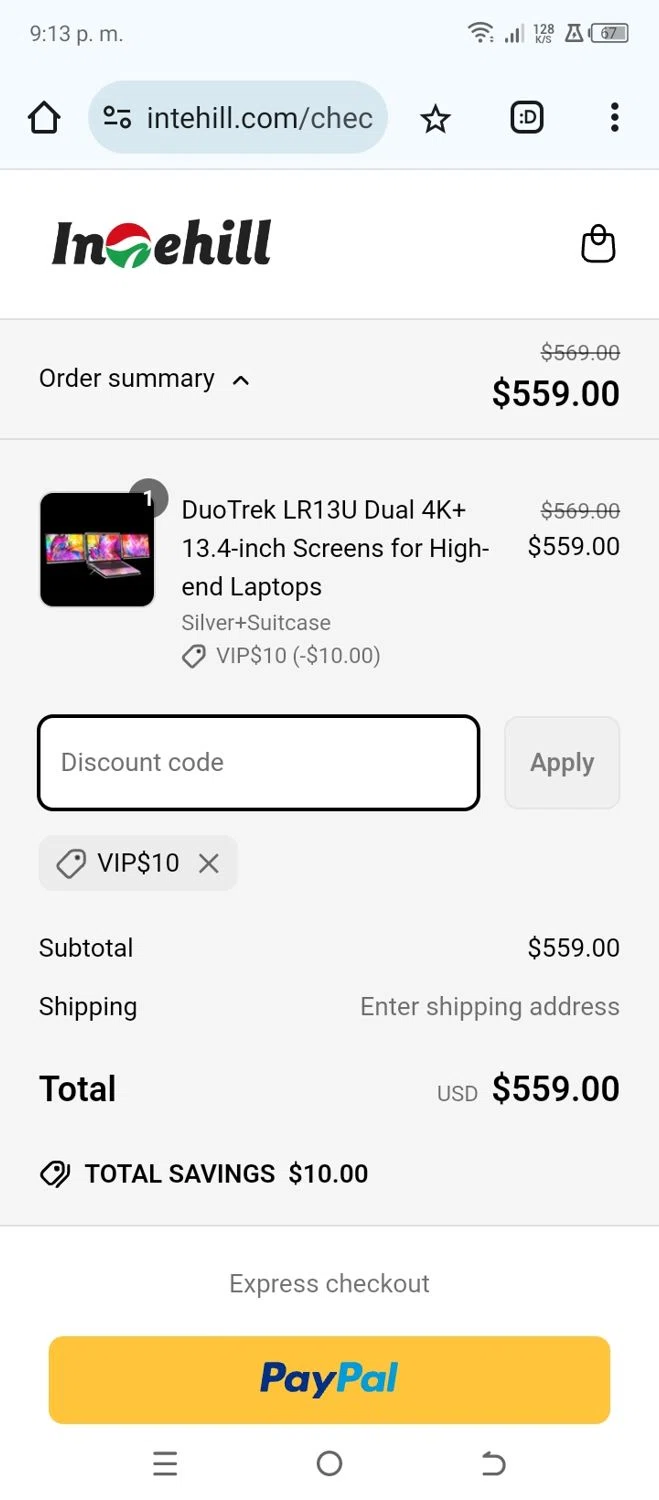 Intehill promo code screenshot showing code VIP$10 applied at Intehill checkout page. Uploaded by SimplyCodes community member crischidy25 on Mar 31, 2025