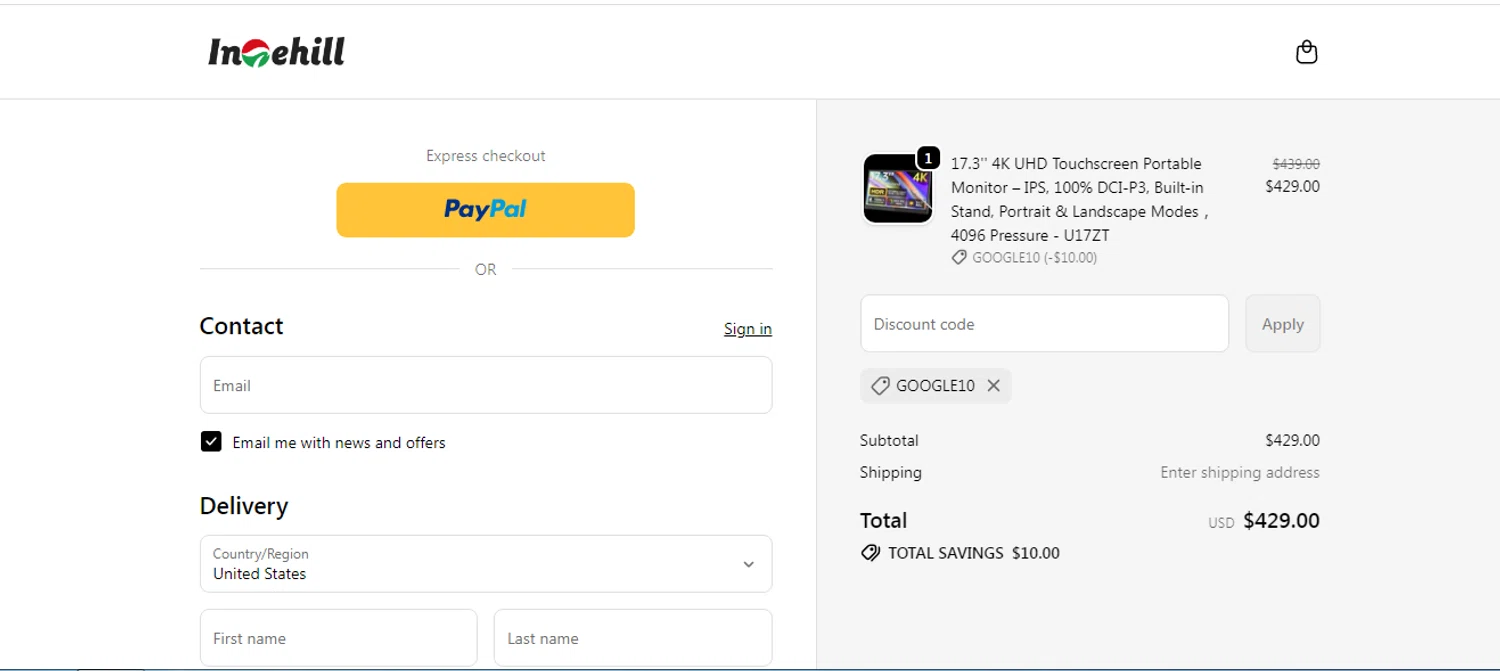 Intehill promo code screenshot showing code GOOGLE10 applied at Intehill checkout page. Uploaded by SimplyCodes community member yilmamalave on Oct 23, 2025