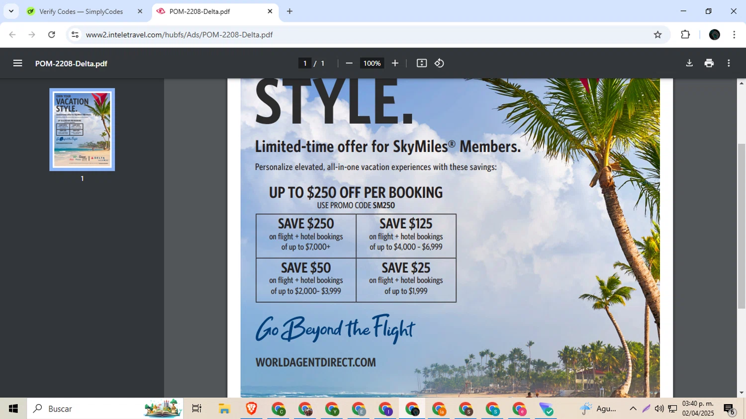 InteleTravel promo code screenshot showing code SM250 applied at InteleTravel checkout page. Uploaded by SimplyCodes community member Ingeniero on Apr 2, 2025