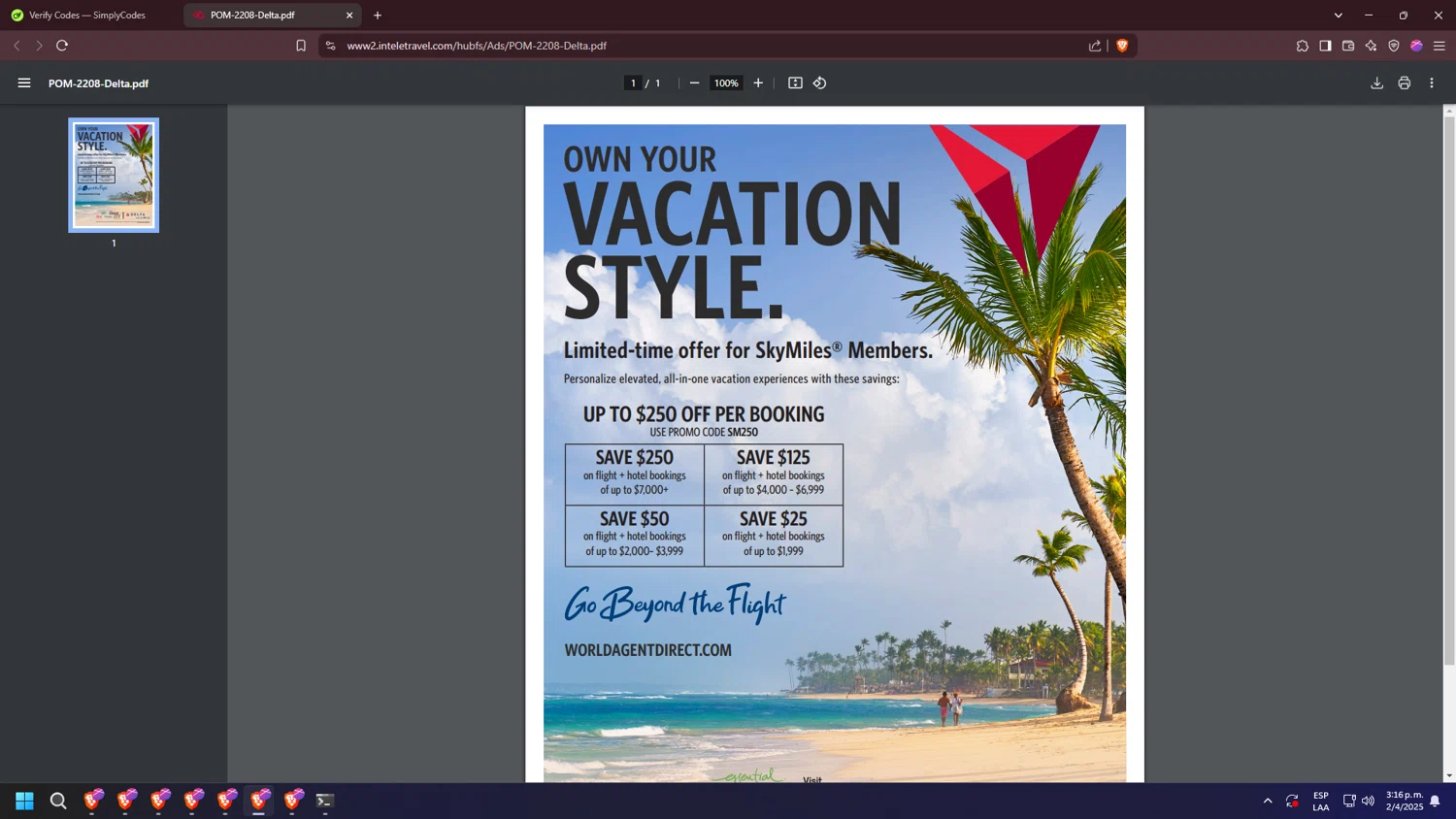 InteleTravel promo code screenshot showing code SM250 applied at InteleTravel checkout page. Uploaded by SimplyCodes community member jakycham2020 on Apr 2, 2025