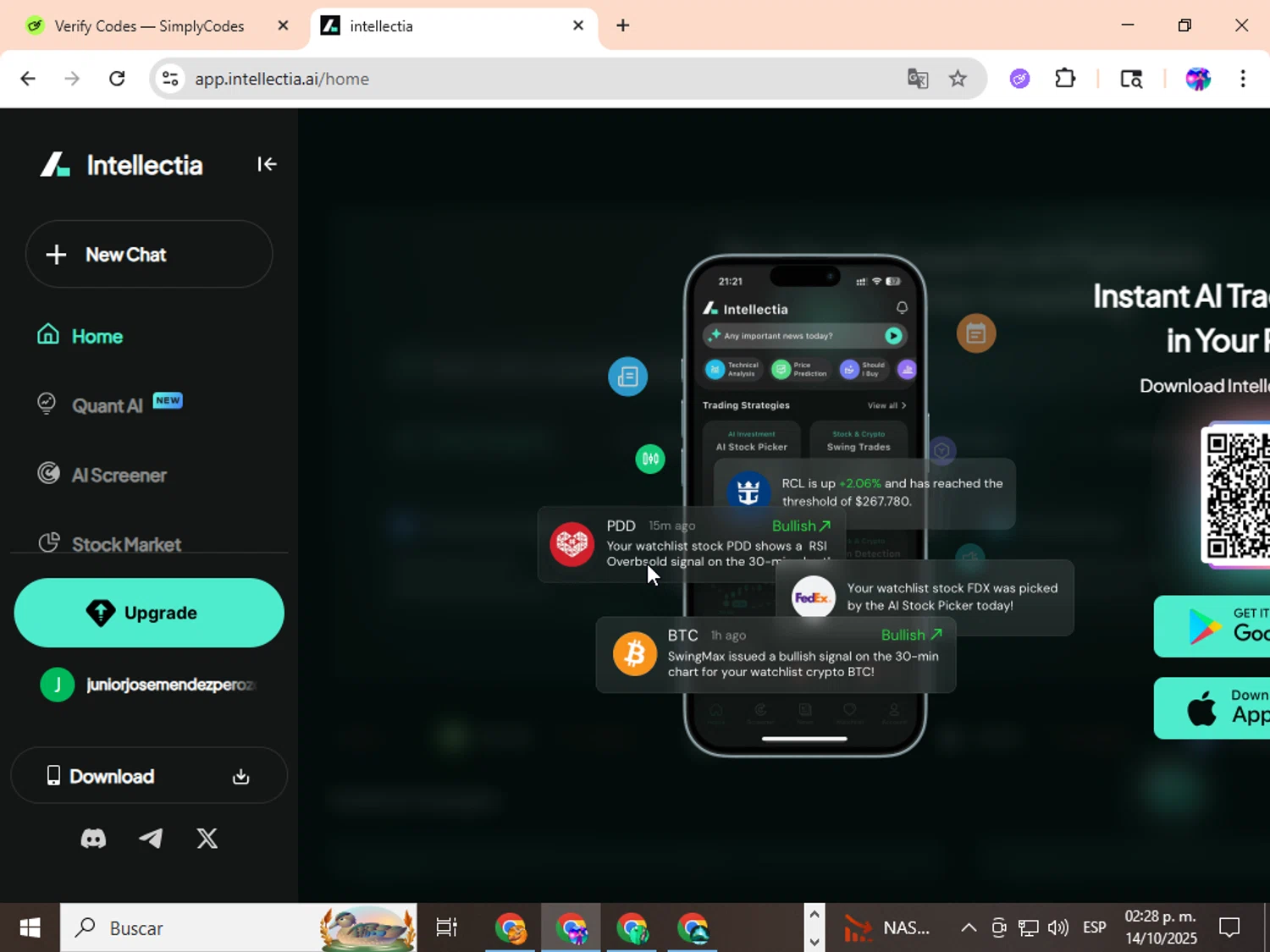 intellectia.AI checkout page showing intellectia.AI promo code box | Screenshot taken by SimplyCodes community member on Oct 14, 2025