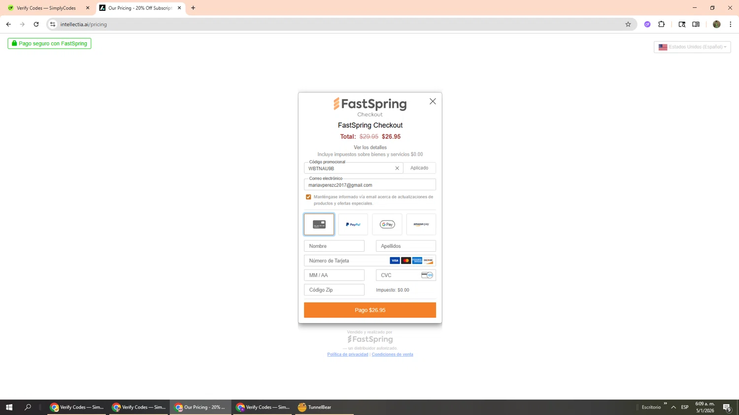 intellectia.AI promo code screenshot showing code WBTNAU9B applied at intellectia.AI checkout page. Uploaded by SimplyCodes community member Phoenix585 on Jan 5, 2026