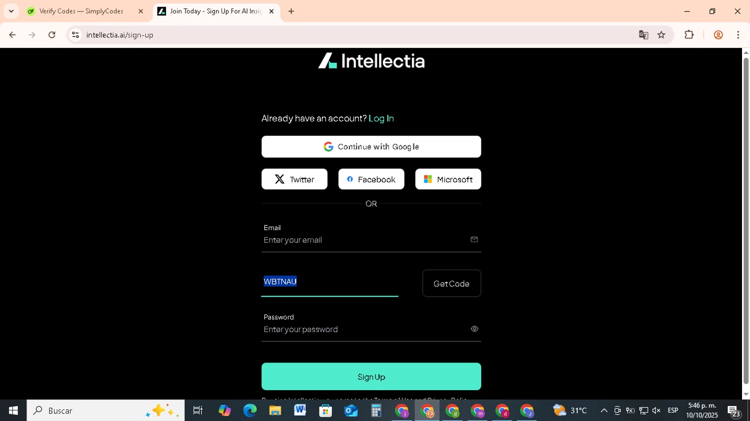intellectia.AI checkout page showing intellectia.AI promo code box | Screenshot taken by SimplyCodes community member on Oct 10, 2025