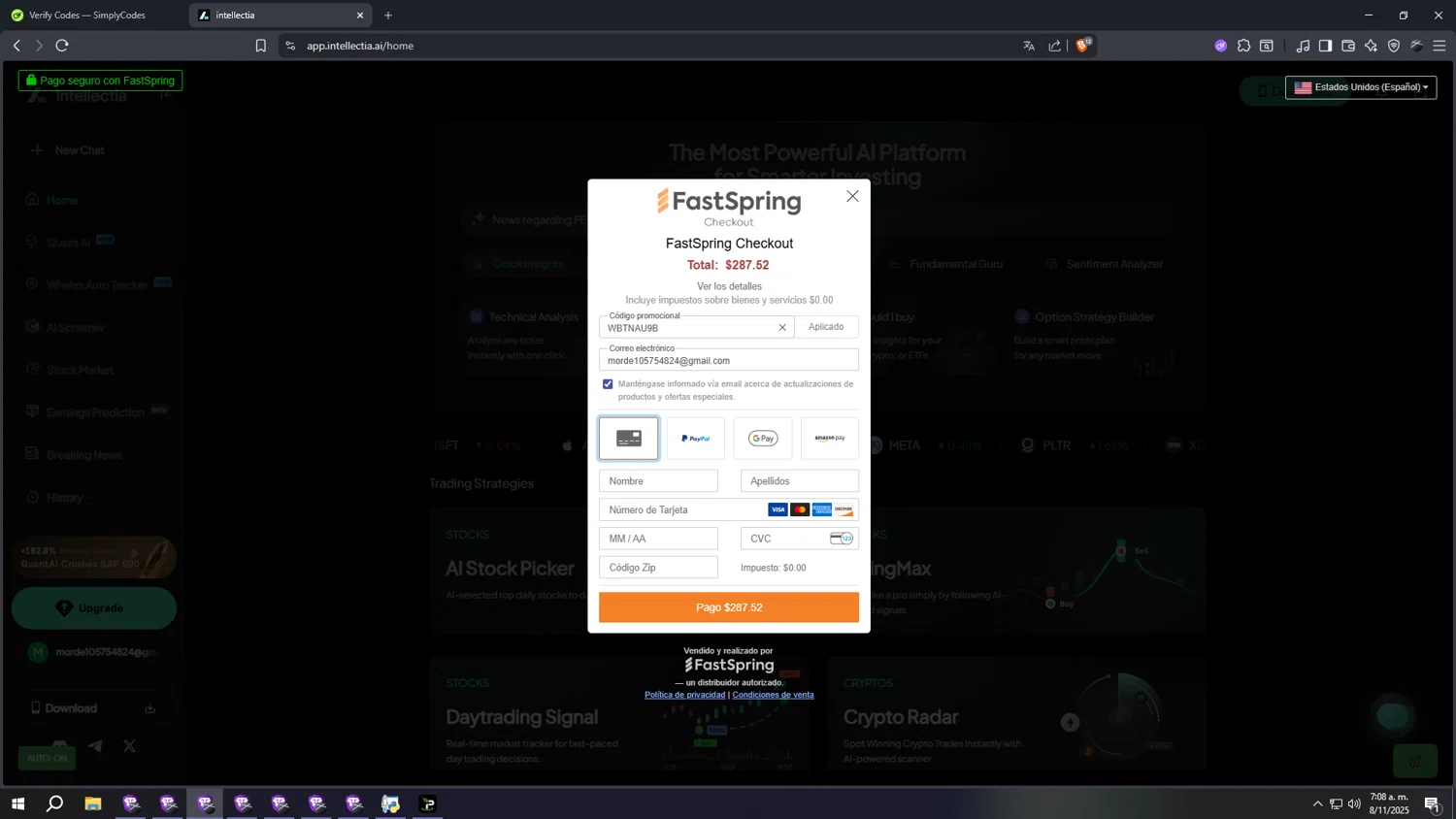 intellectia.AI promo code screenshot showing code WBTNAU9B applied at intellectia.AI checkout page. Uploaded by SimplyCodes community member sssssssssssssssssssssssss on Nov 8, 2025