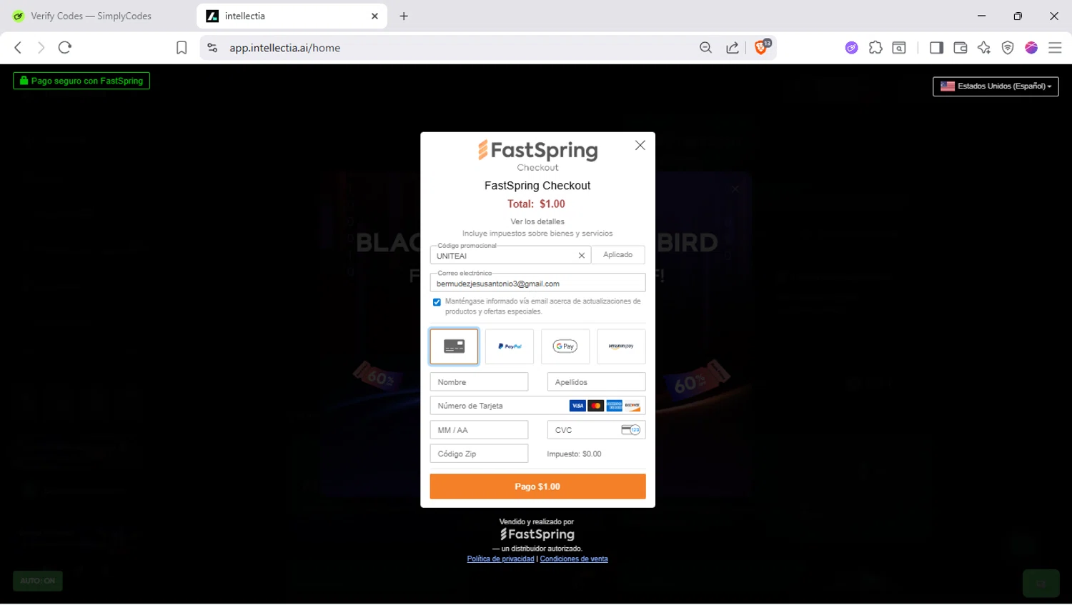 intellectia.AI promo code screenshot showing code UNITEAI applied at intellectia.AI checkout page. Uploaded by SimplyCodes community member SapeGato on Nov 19, 2025