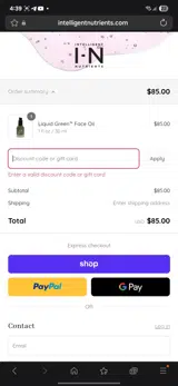 Intelligent Nutrients coupon verification screenshot