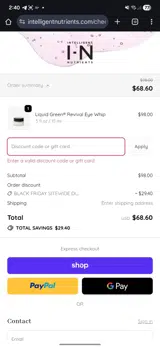 Intelligent Nutrients coupon verification screenshot