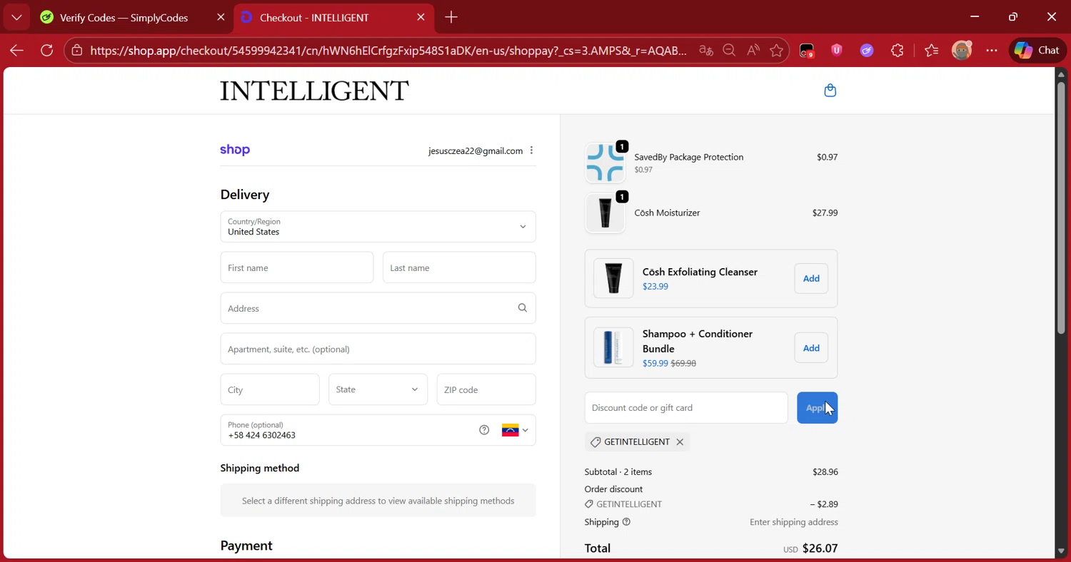 Intelligent Shop discount code screenshot showing code GETINTELLIGENT applied at Intelligent Shop checkout page. Uploaded by SimplyCodes community member DiscountScout1417 on Dec 21, 2025
