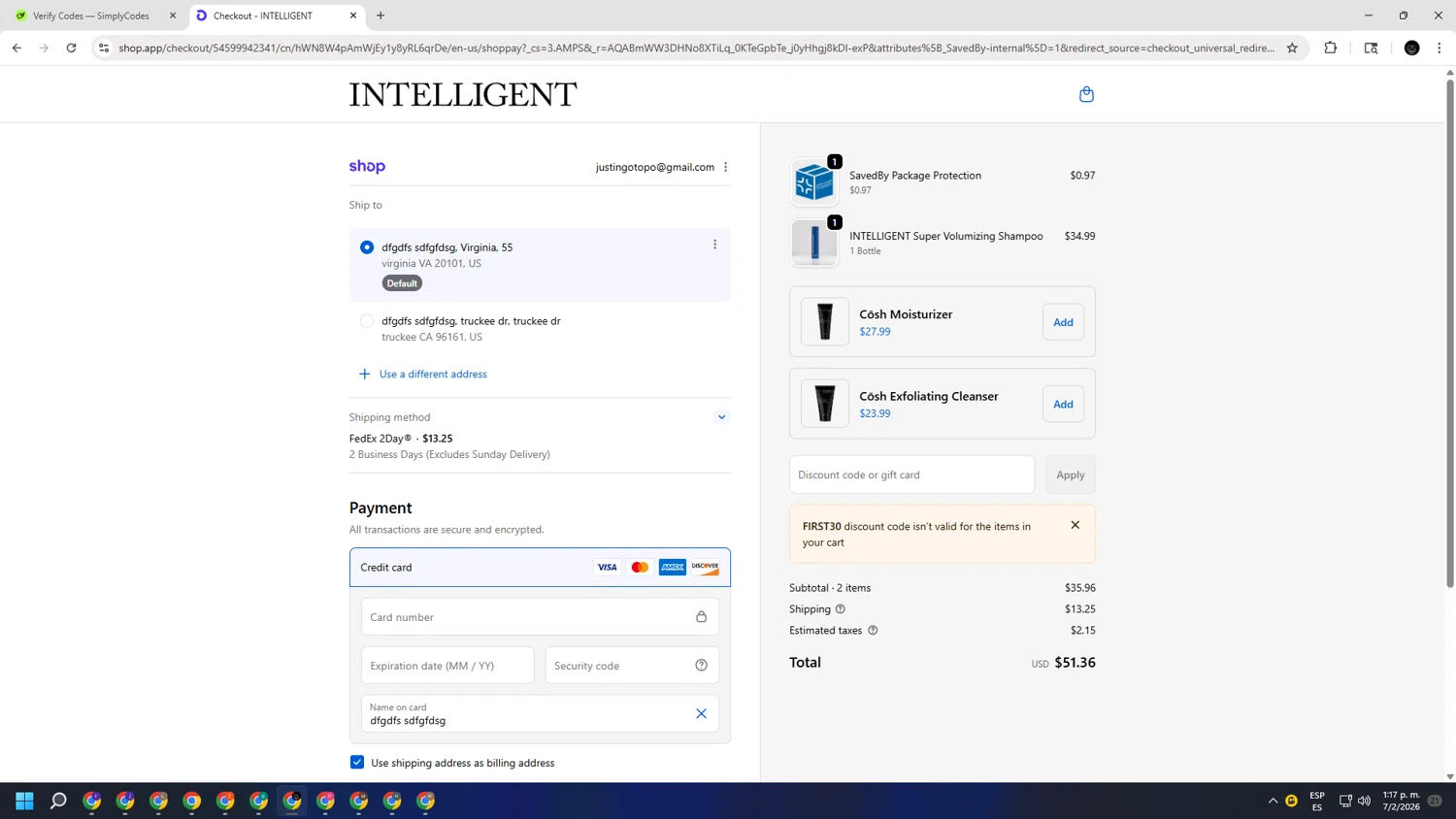 Intelligent Shop checkout page showing Intelligent Shop discount code box | Screenshot taken by SimplyCodes community member on Feb 7, 2026