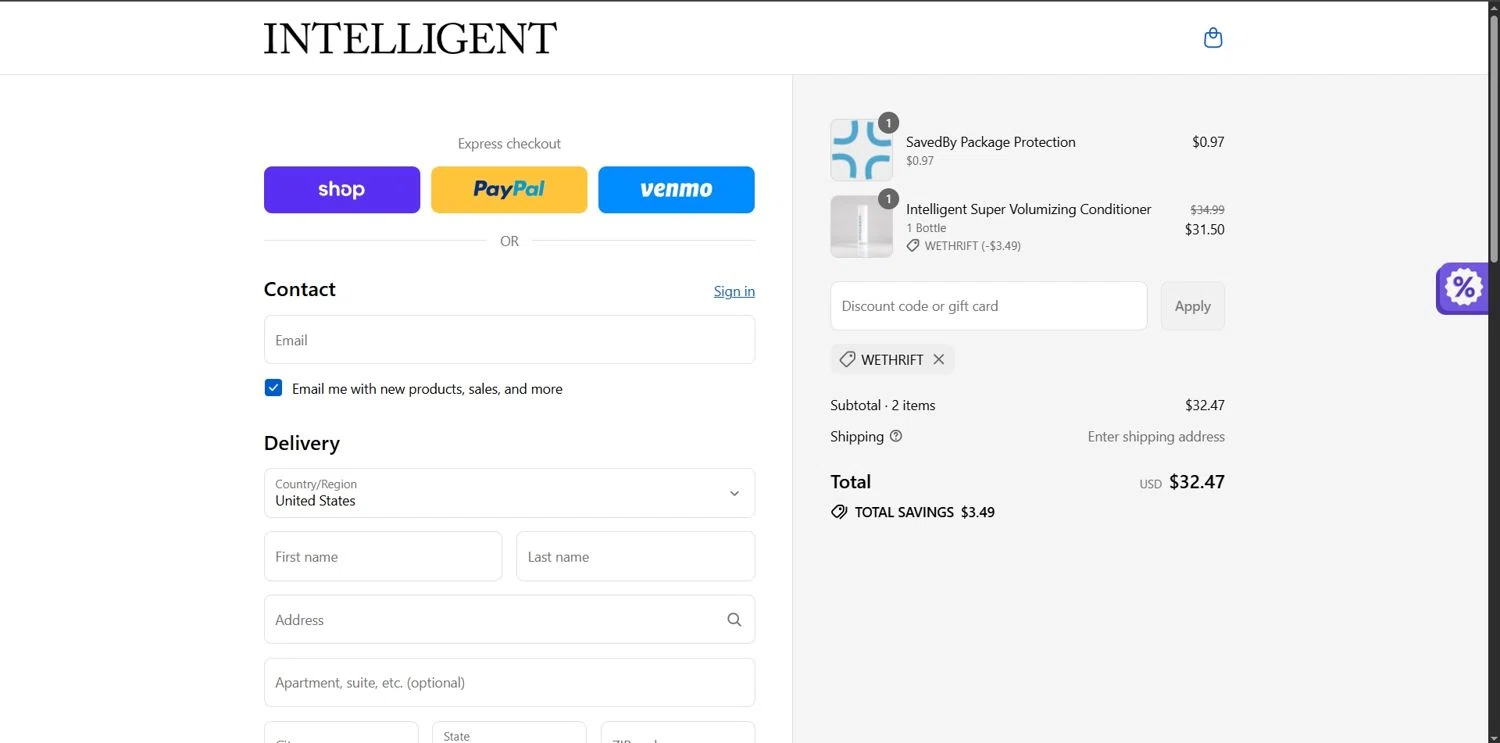 Intelligent Shop discount code screenshot showing code WETHRIFT applied at Intelligent Shop checkout page. Uploaded by SimplyCodes community member Depressive on Sep 16, 2025