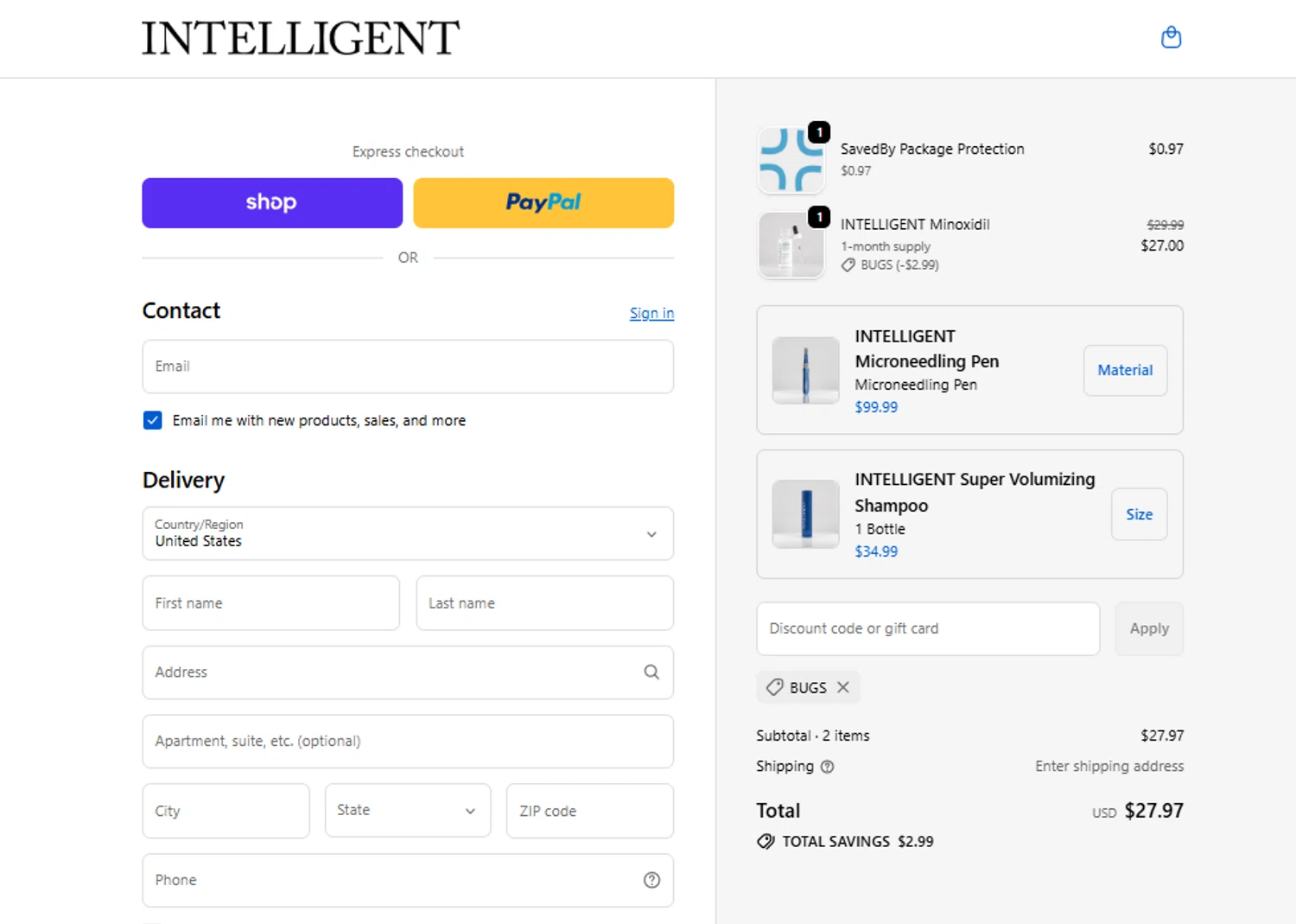 Intelligent Shop discount code screenshot showing code BUGS applied at Intelligent Shop checkout page. Uploaded by SimplyCodes community member ylenisjordan on Oct 9, 2025