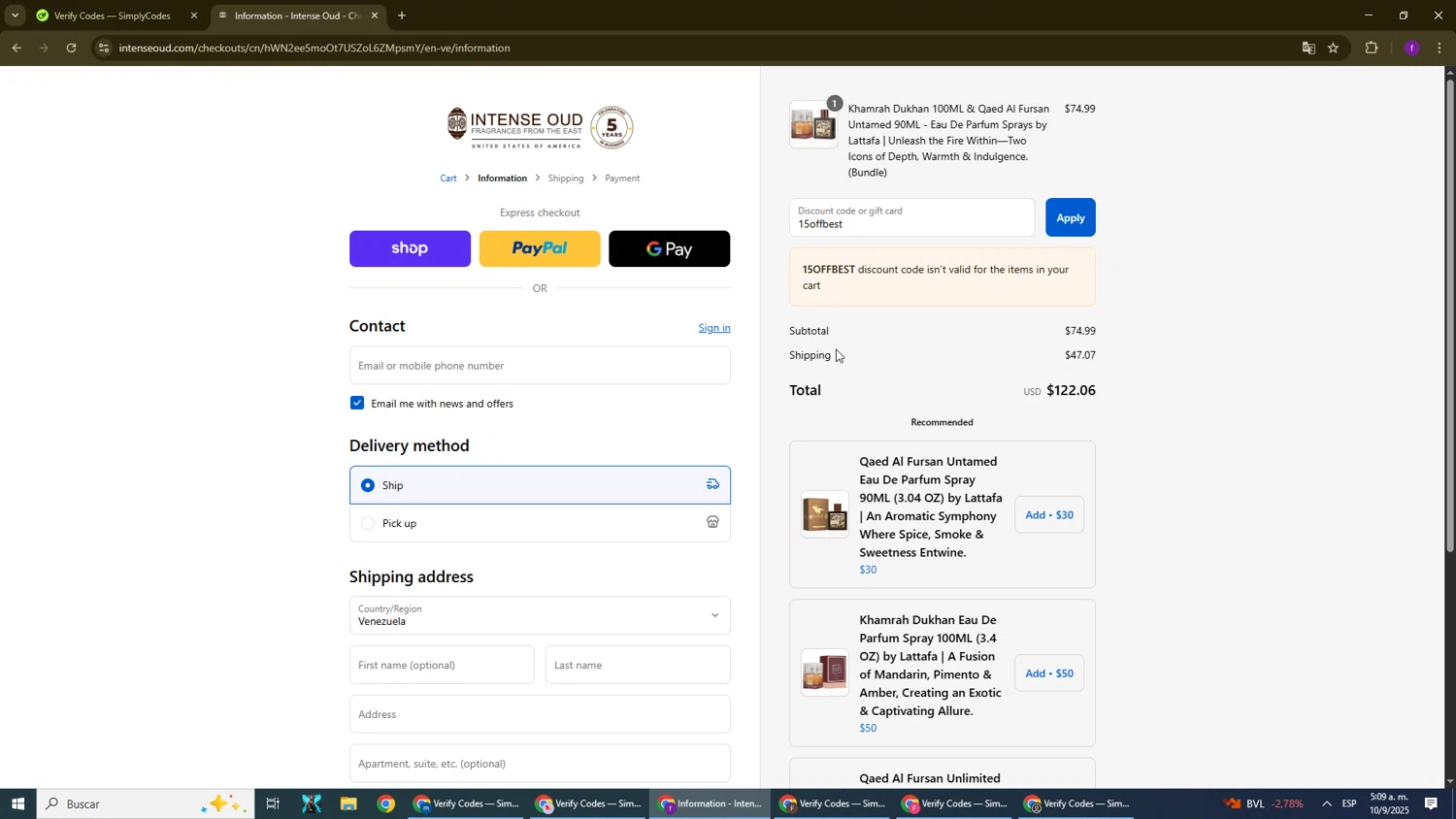 Intense Oud coupon code screenshot showing code 15offbest applied at Intense Oud checkout page. Uploaded by SimplyCodes community member El_mynor on Sep 10, 2025